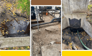Excavation site with tools and soil piles in an outdoor setting.